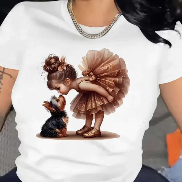 Girl And Dog T shirt 可爱卡通小女孩狗狗印花圆领短袖T恤亲子装