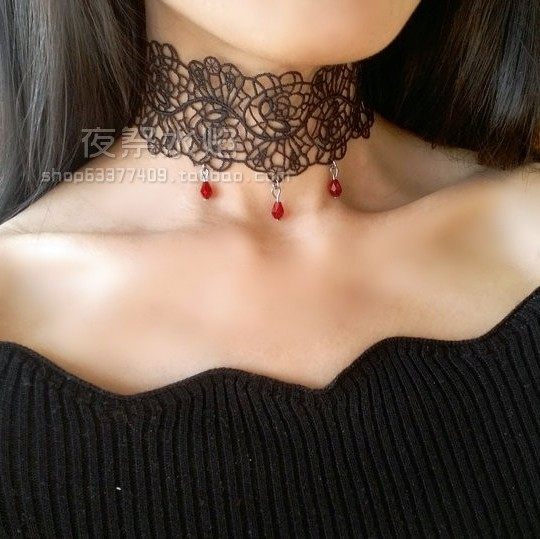 欧式哥特风复古镂空黑色蕾丝项链图片