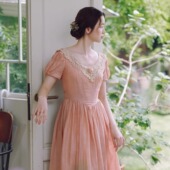 茶歇复古宫廷少女粉色提花泡泡袖 原创法式 连衣裙夏 凯莉 拾光裁缝