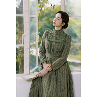复古文艺显瘦绿条纹连衣裙 高领森系田园法式 拾光裁缝 流浪诗行