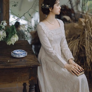 拾光裁缝 诗笺 方领古典法式气质优雅棉麻蕾丝帝政秋冬高腰连衣裙