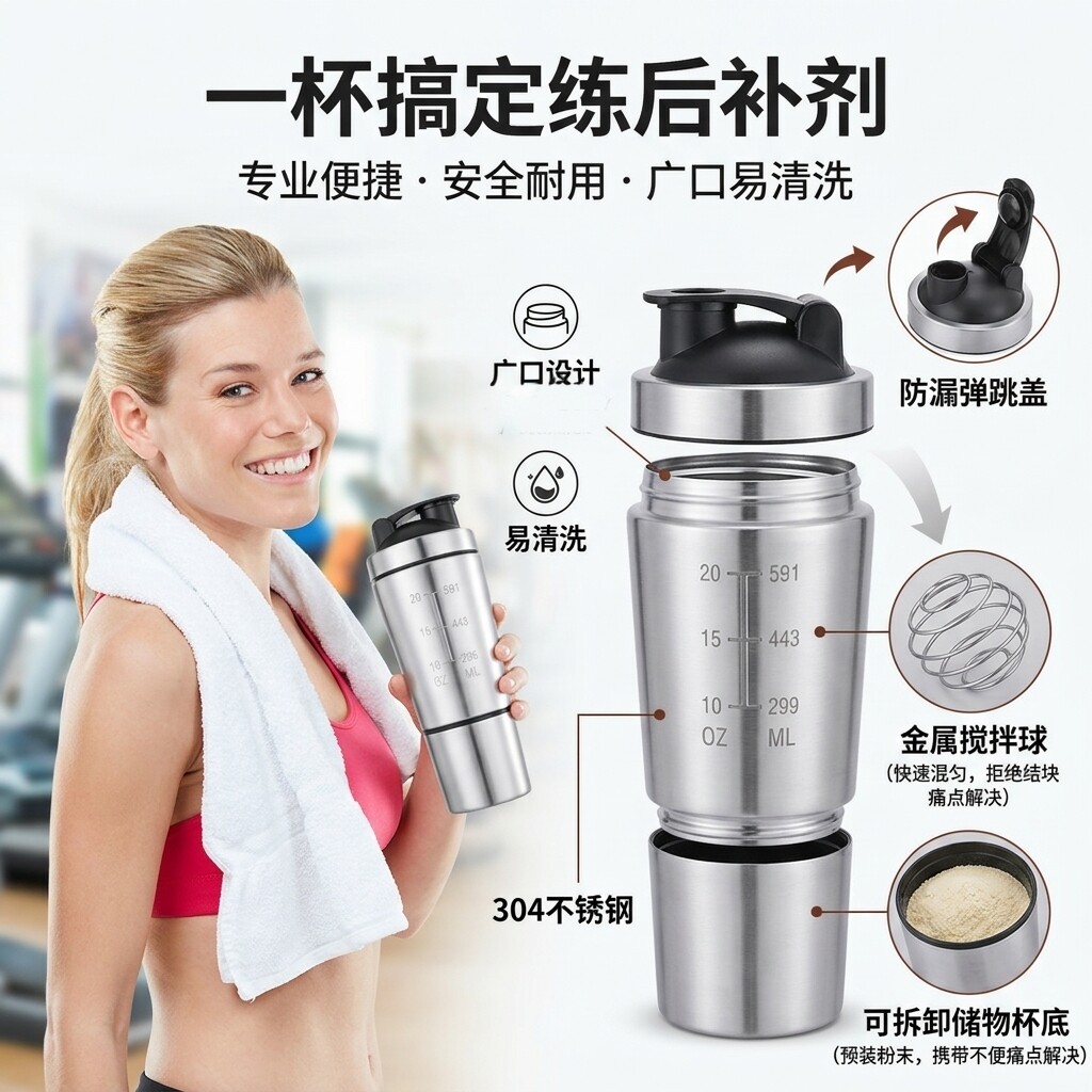 蛋白粉杯304不锈钢健身带粉盒刻度双节水杯男女运动搅拌杯摇摇杯图片
