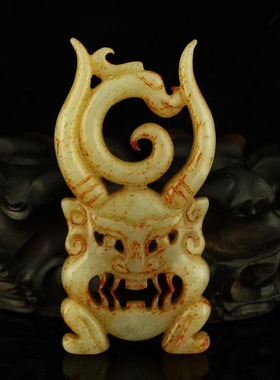 一口价天然新疆和田玉古玉老玉精工雕刻把件 兽面 送证书包邮