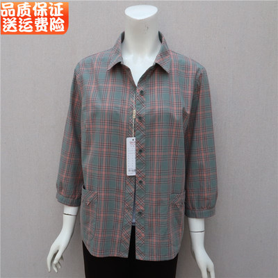 中老年人夏装衬衫纯棉女妈妈格子