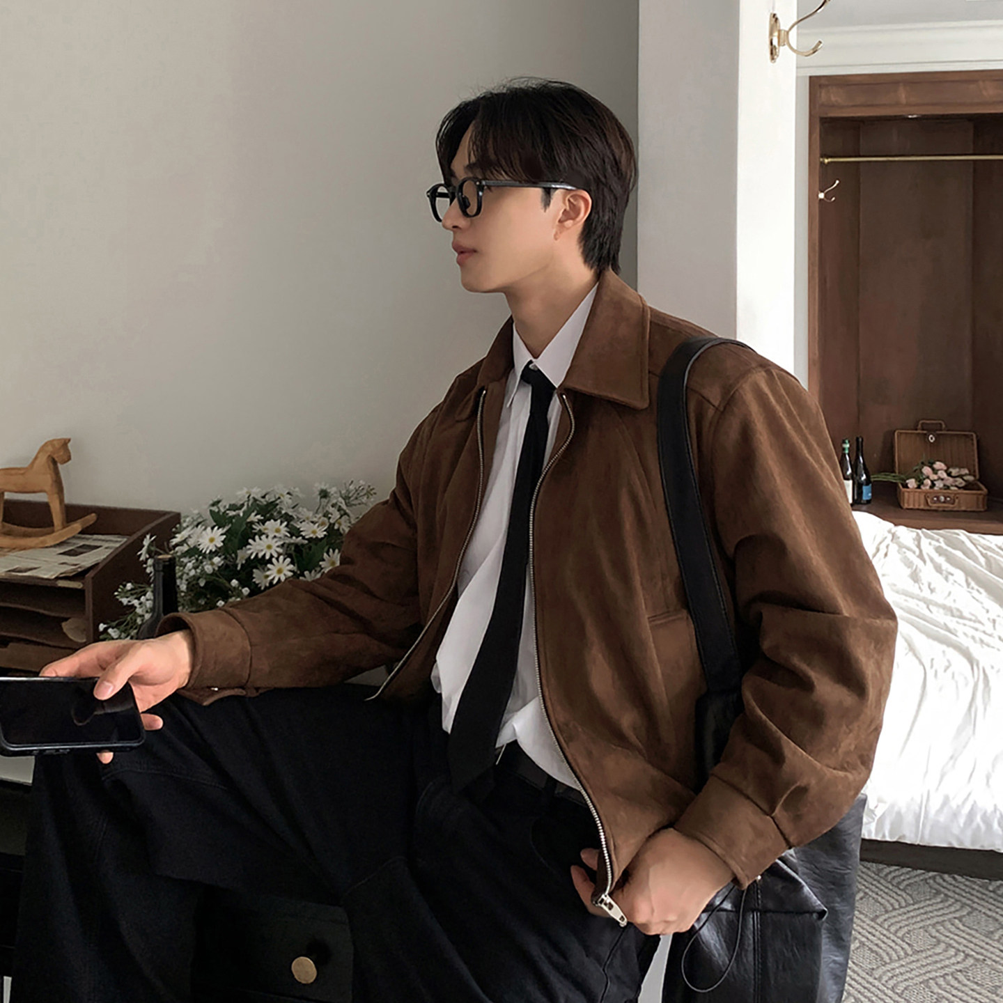 碧舍美拉德复古风夹克小翻领宽松休闲麂皮绒外套高级美式质感上衣