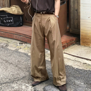 宽松cleanfit长裤 碧舍老爹慵懒风直筒裤 压褶卡其色休闲裤 新款 夏季