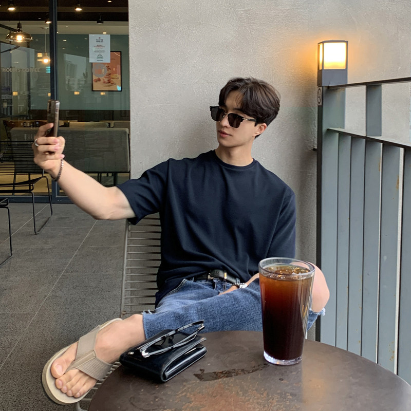 碧舍夏季新款短袖透气棉体恤韩版潮流简约半袖上衣宽松圆领T恤男