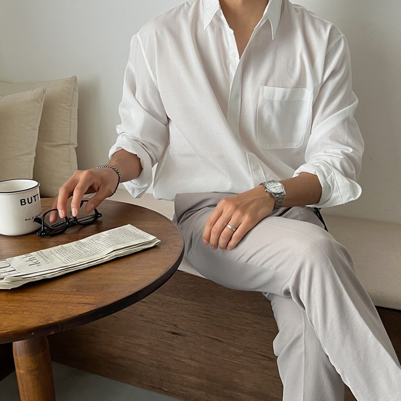 碧舍休闲透气纯色亚麻长袖衬衫百搭简约慵懒风上衣男士薄款透气