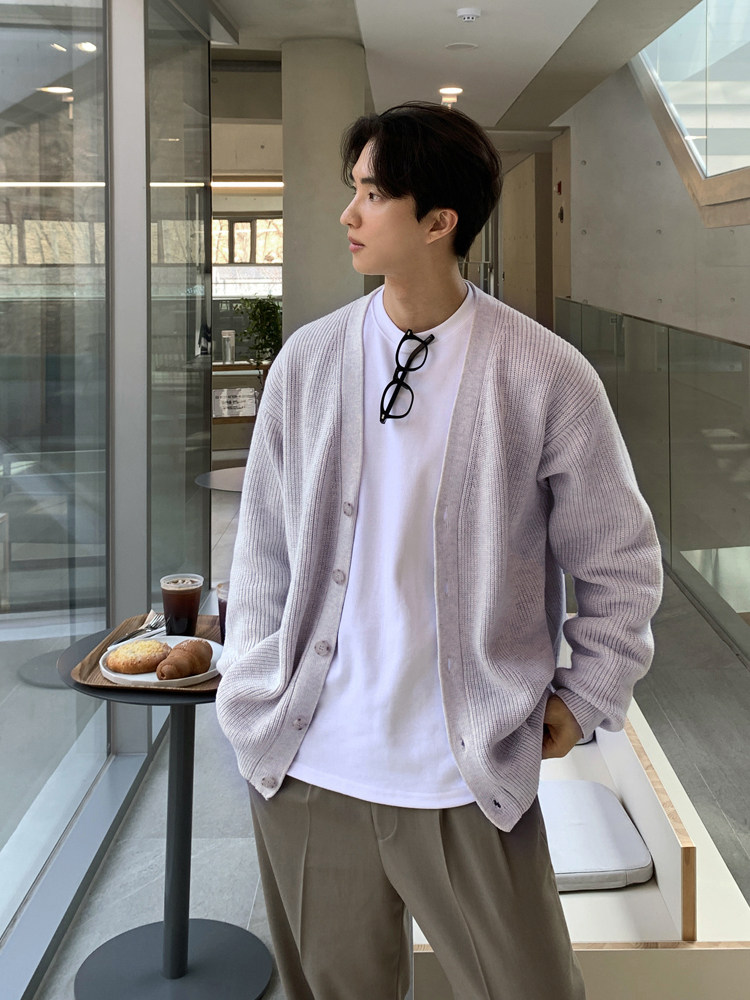 BISHE 봄 가디건 짧은 다목적 루즈 V 넥 하이 엔드 탑 캐주얼 한국식 남성용 울 니트 재킷