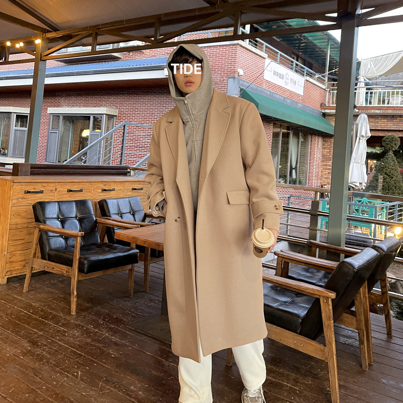 特惠韩风毛呢加厚保暖大衣垫肩阔版中长款过膝纯色宽松ins外套潮