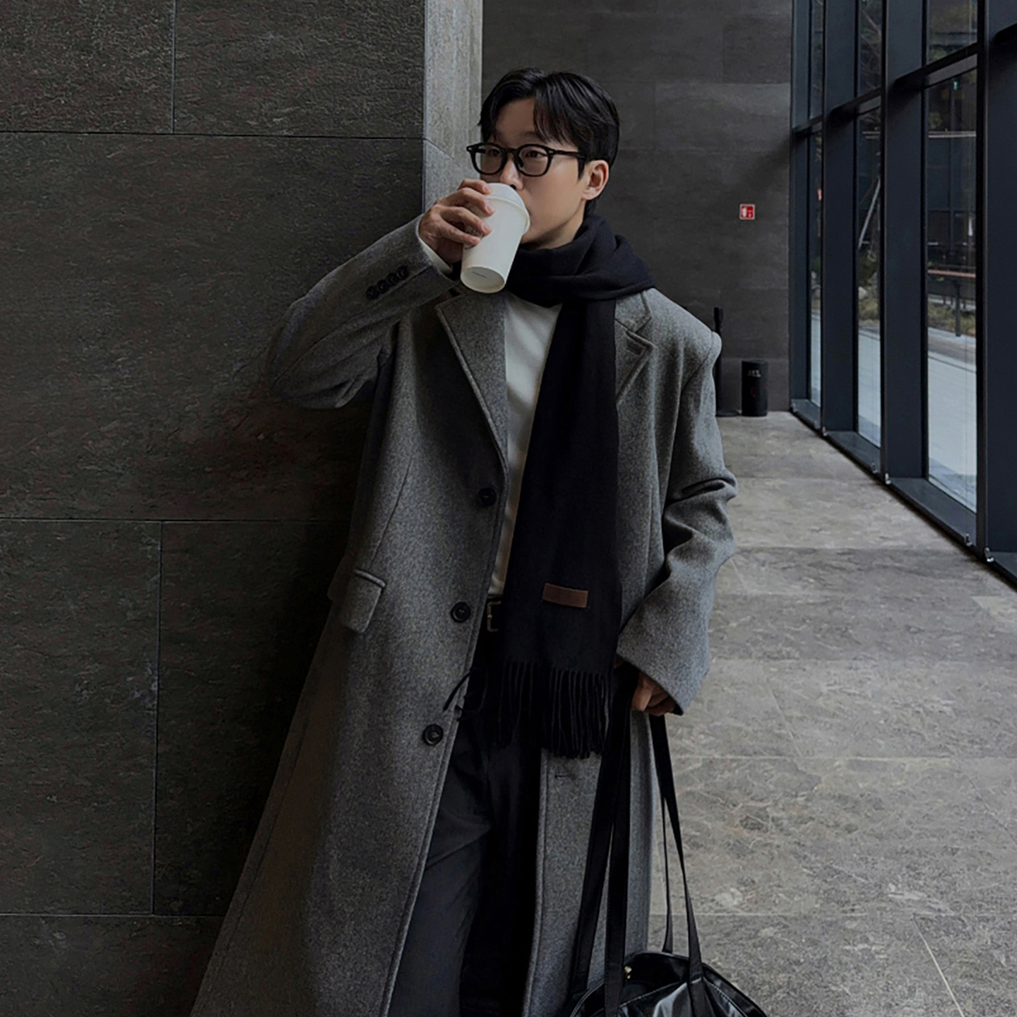 碧舍韩版纯色中长款垫肩毛呢大衣