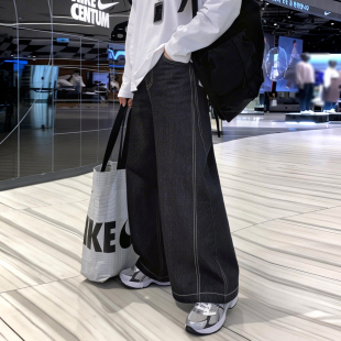 复古水洗牛仔布长裤 碧舍春季 美式 立体弯刀裤 深蓝色宽松直筒潮 新款