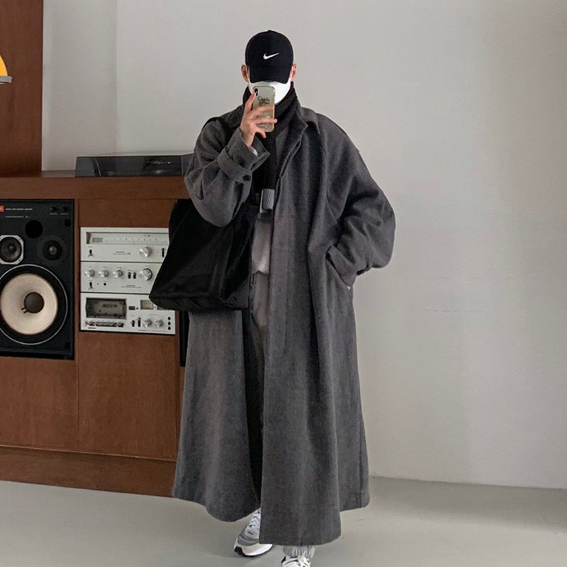 碧舍韩版潮流宽松男士大衣慵懒风翻领外套百搭ins长款毛呢大衣男,男装,毛呢大衣,淘宝优惠券,粉丝福利购,淘宝优惠卷
