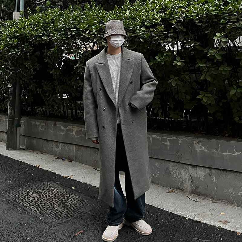 特惠男士韩版毛呢大衣潮流高街穿搭长款垫肩外套冬季宽松休闲保暖