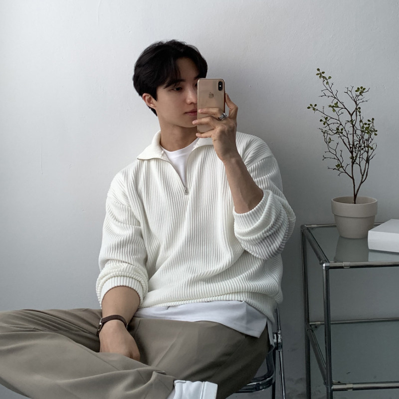 碧舍翻领拉链上衣春季新款套头灯芯绒外套韩版宽松青年百搭T恤男