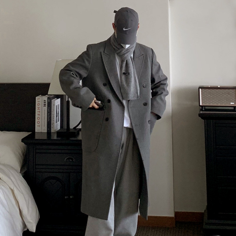 特惠韩风高街大衣休闲百搭男士毛呢外套宽松双排扣垫肩长款风衣潮,男装,毛呢大衣,淘宝优惠券,粉丝福利购,淘宝优惠卷