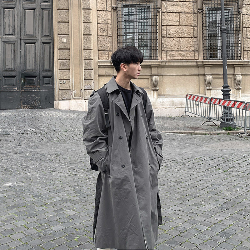 碧舍韩国中长款风衣男士2025春季新品韩版潮流帅气宽松双排扣外套