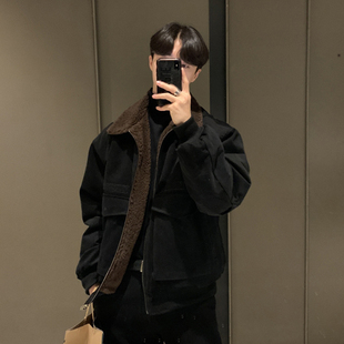 复古痞帅加绒羊羔毛翻领短款 夹克休闲韩版 外套潮 加厚男士 碧舍冬季