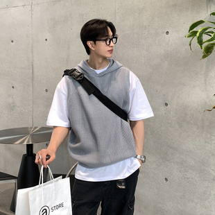 碧舍春秋新款韩版带帽毛线马甲背心阔版潮流纯色无袖针织坎肩毛衣