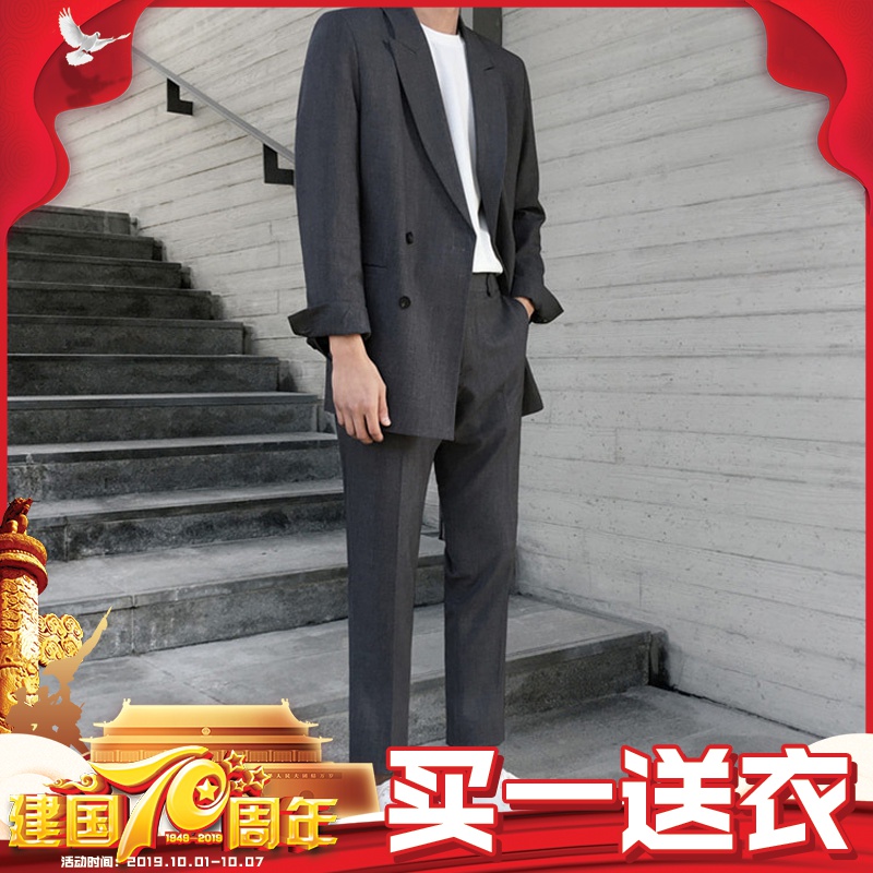 英伦风男士职业新郎西服套装韩版灰色西装定制工装型男伴郎团服帅限50000张券