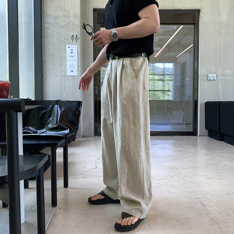 碧舍棉麻慵懒拖地裤韩版宽松百搭直筒休闲裤简约盐系复古棉麻裤子