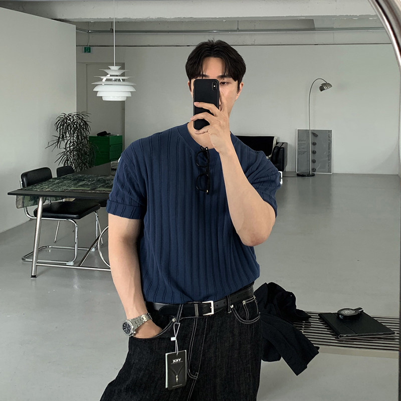 碧舍高级感韩版竖条纹理毛线短袖时尚打底上衣纯色简约休闲百搭潮