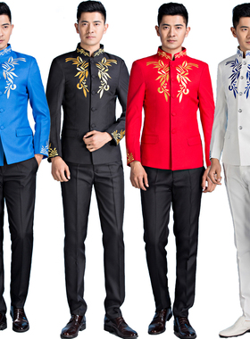 男士司仪主持中式合唱演出服男装黑色绣花立领中山装礼服