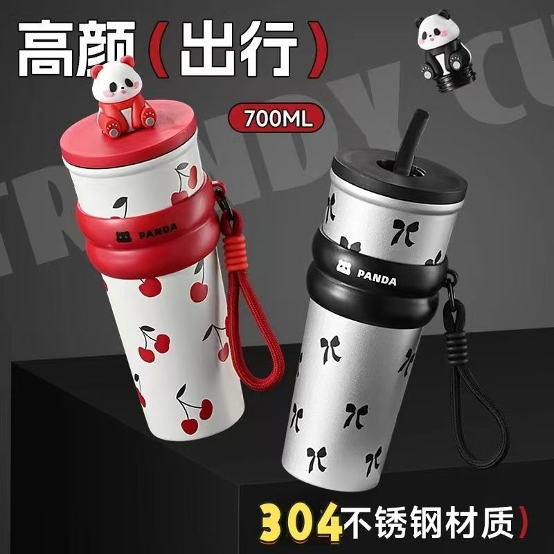 不锈钢大容量吸管保温杯咖啡杯车载带提绳高颜值女生水杯2026新款