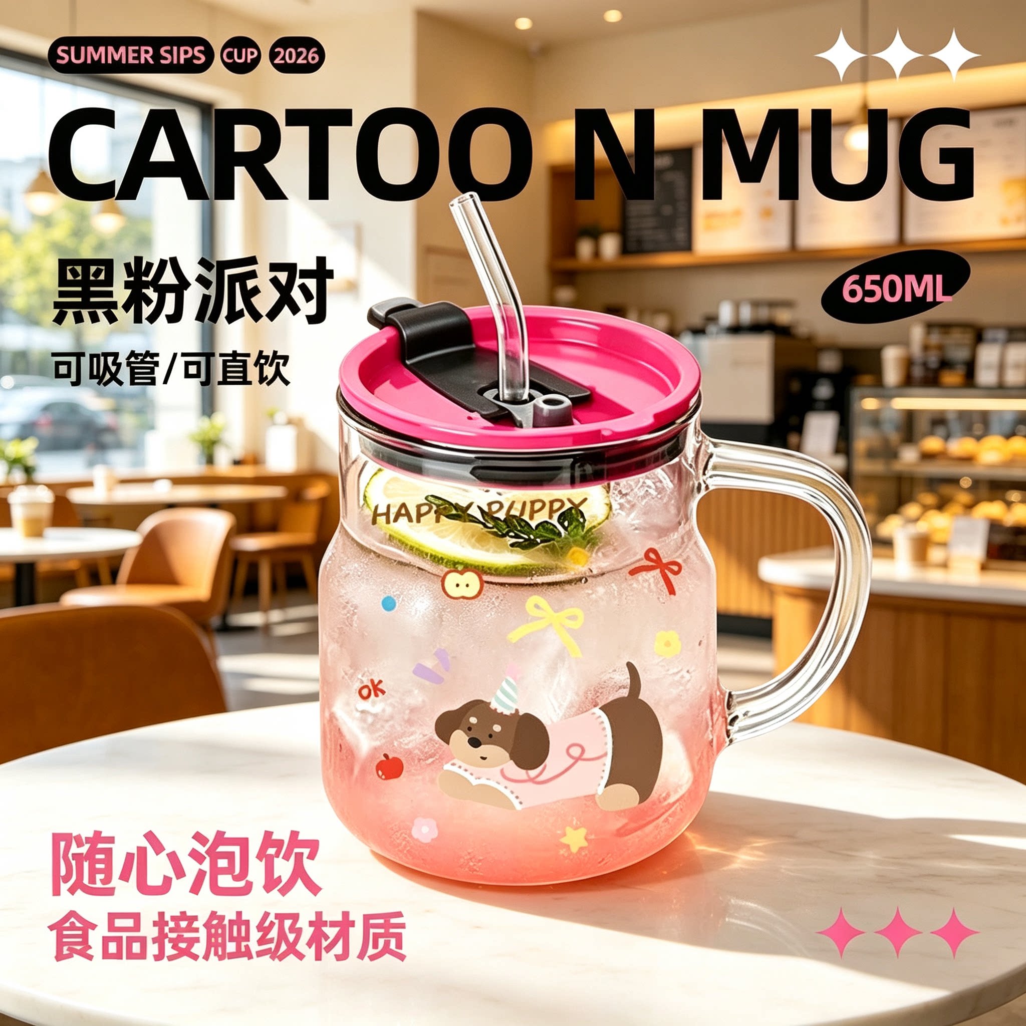高颜值吸管玻璃杯带把手耐高温