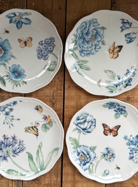 外贸出口大牌Lenox餐盘22cm盘陶瓷餐具家用点心盘菜盘釉下彩蝴蝶