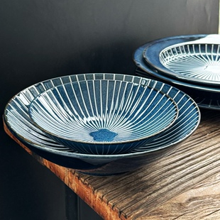 绝美蓝雨系列陶瓷菜盘凉菜盘意面盘沙拉盘浮雕餐盘斗笠汤面碗