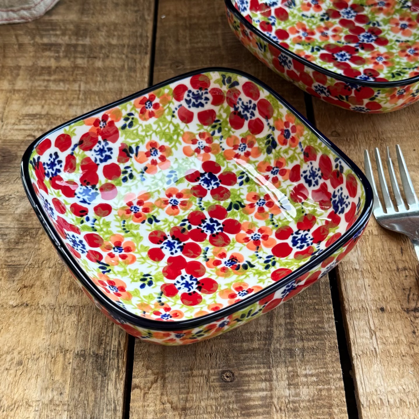 异域风情小花碗浅口方钵碗特色陶瓷碗家用小汤碗甜品碗小方深盘