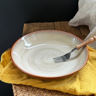 复古黄棕美拉德色系意陶瓷8.5英寸菜盘厚实菜碗深盘菜盘大菜盘
