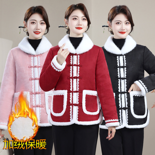 时尚妈妈冬装夹棉外套中年花色毛领加绒棉服中老年女休闲棉袄睡衣