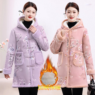 冬季新款大码妈妈装宽松保暖显瘦花棉袄中长款棉衣睡衣冬装外套