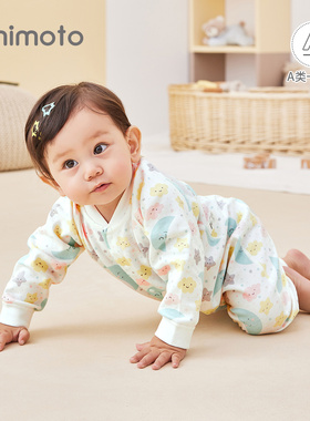 小米米新款婴儿长袖春秋连体衣宝宝哈衣纯棉衣服新生儿绿色爬服