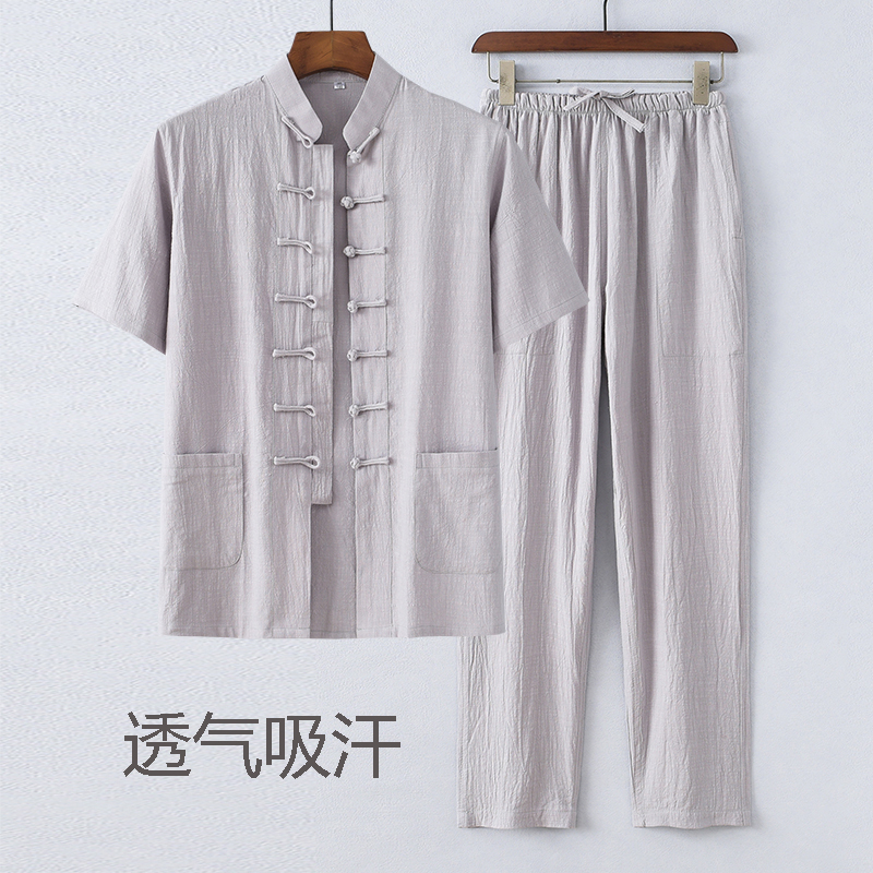 夏季唐装男中老年爸爸装薄纯棉短袖套装复古汉服两件套中国风男装