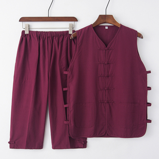 夏季唐装男中式背心马甲套装 纯棉粗布短裤五分裤 中国风汗衫汉服