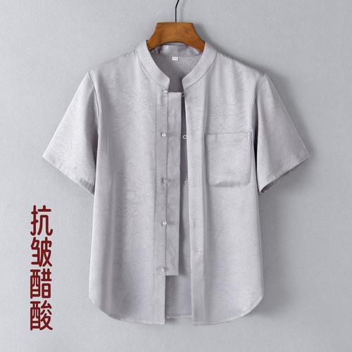 中青年男士仿真丝唐装夏季短袖中式立领衬衫中国风男装中老年半袖
