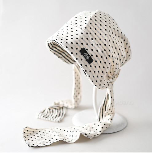 条纹波点双面戴双马尾飘带套头帽