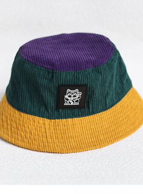 灯芯绒渔夫帽女春秋日系拼色复古百搭大头围显脸小遮阳休闲帽子