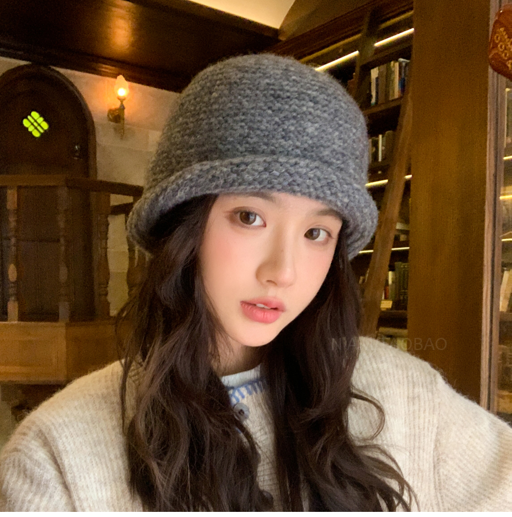 新款圆顶针织卷边渔夫帽女