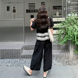 花边拼接上衣阔腿裤套装女夏2025新款韩版高级感减龄气质两件套图片