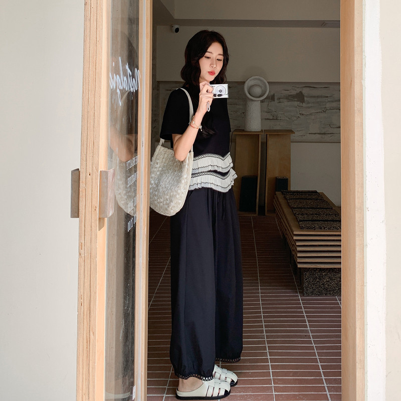 花边拼接上衣阔腿裤套装女夏2025新款韩版高级感减龄气质两件套,女装套装/套裙,2C191