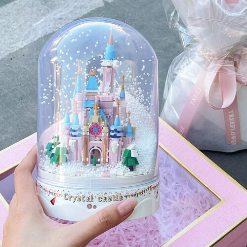 哲高mini小颗粒飘雪水晶城堡音乐盒女孩拼搭玩具积木节日礼物