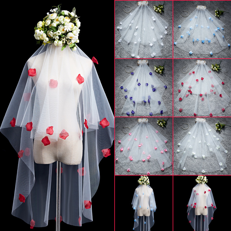 新娘婚纱头纱婚礼短款单层花朵黑色欧美单身派对旅游拍照蕾丝唯美