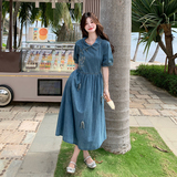 新中式风复古高级感连衣裙女夏季新款小个子文艺范小清新牛仔裙，女装连衣裙，2C010