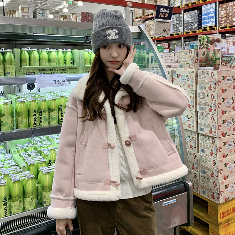 新款粉麂皮绒皮毛一体外套C010-621-P175-K258,女装短外套,2C010