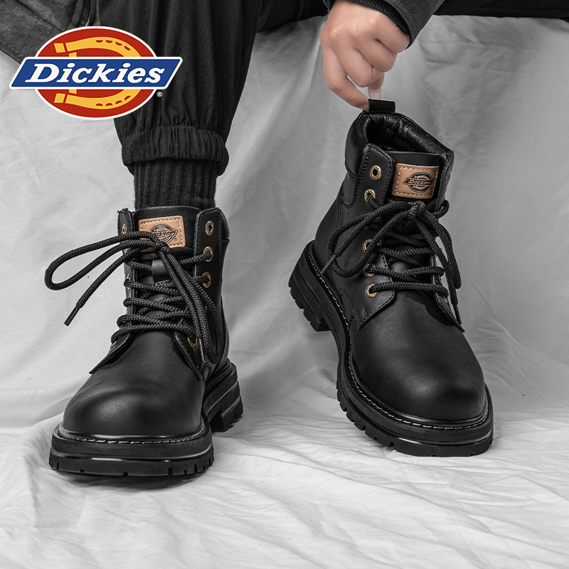 Dickies黑色马丁靴男款冬季男鞋加绒真皮靴增高帮男士工装靴子男