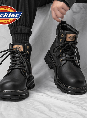 Dickies黑色马丁靴男款冬季男鞋加绒真皮靴增高帮男士工装靴子男